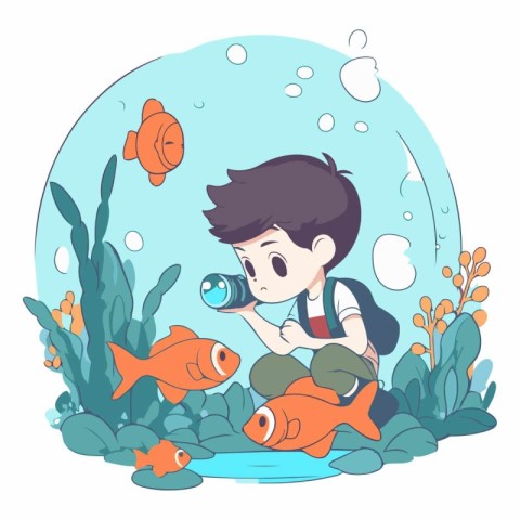 Boy with a camera in the aquarium in cartoon style.