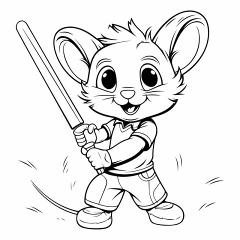 Cartoon mouse holding a baseball bat. Black and white vector ill