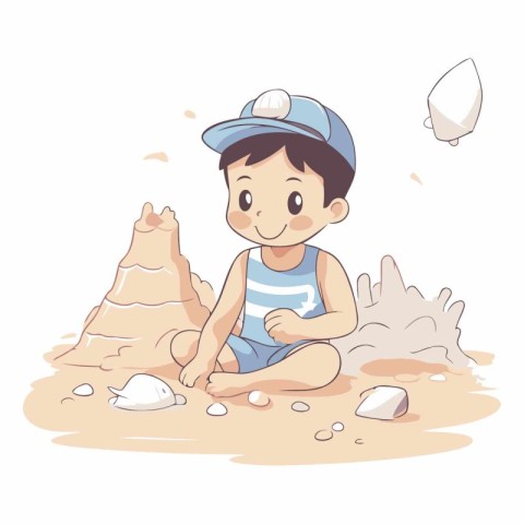 Cute boy playing with sand on the beach.