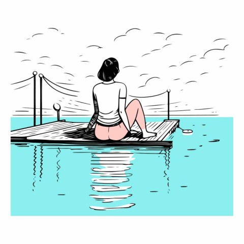 Girl sitting on the pier. Vector hand drawn illustration in sket