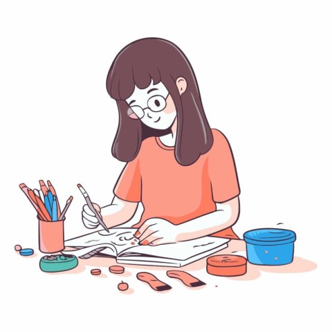 Illustration of a girl doing her homework with a face mask.