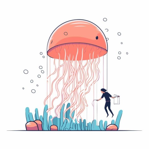 Jellyfish floating in the sea in flat style