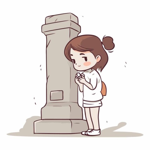 Illustration of a Little Girl Looking at an Ancient Column on Wh