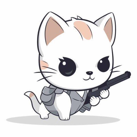 Cute cat with gun character cartoon vector illustration. Cute ca