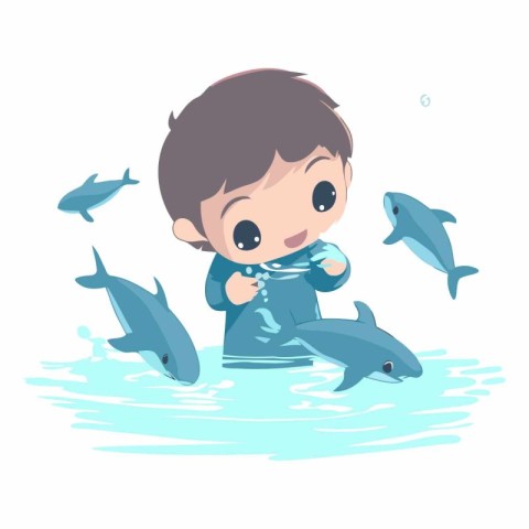 Cute little boy playing with dolphins in water.