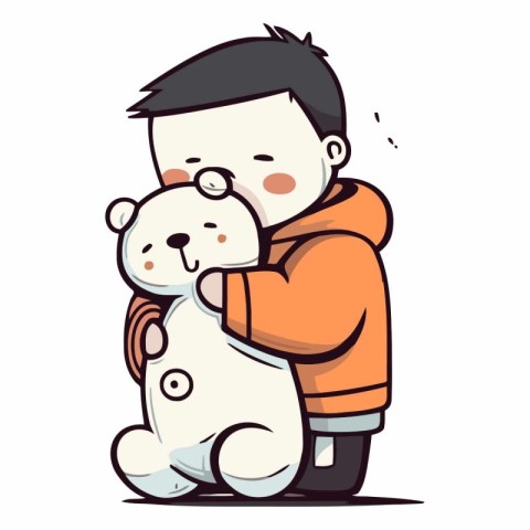 Vector illustration of a boy hugging a little white bear. Cartoo