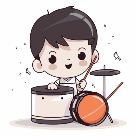 Boy playing drum and snare drum set in cartoon style.