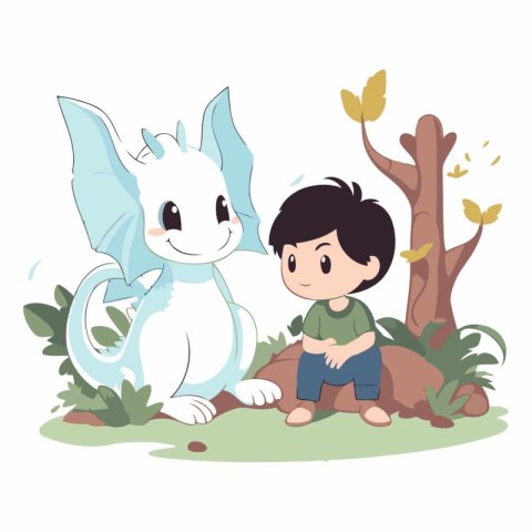 cute rabbit and boy sitting in the garden.