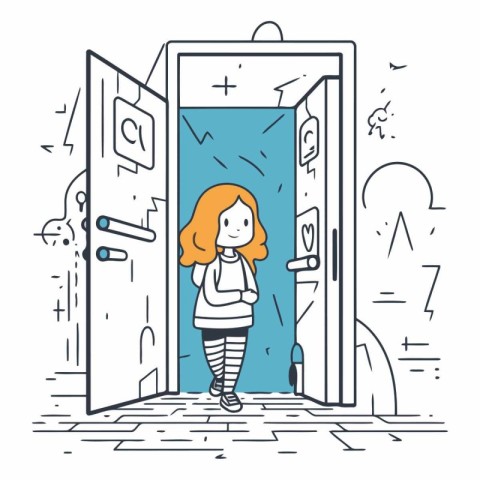 Vector illustration of a girl opening the door at night. Linear