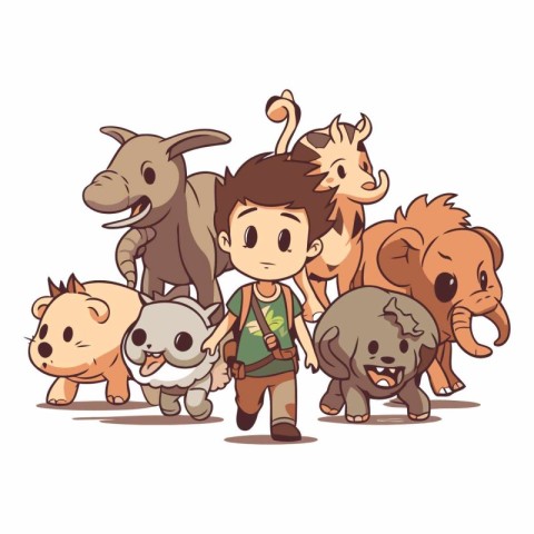 Children with wild animals. Cartoon vector illustration isolated