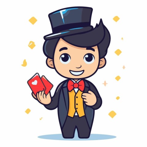 Cute magician boy with card. Vector cartoon character illustrati