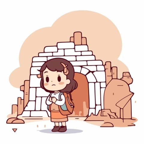 Little girl in the ancient city in cartoon style.