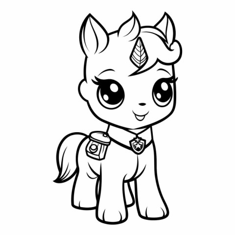 Black and White Cartoon Illustration of Cute Little Unicorn Anim