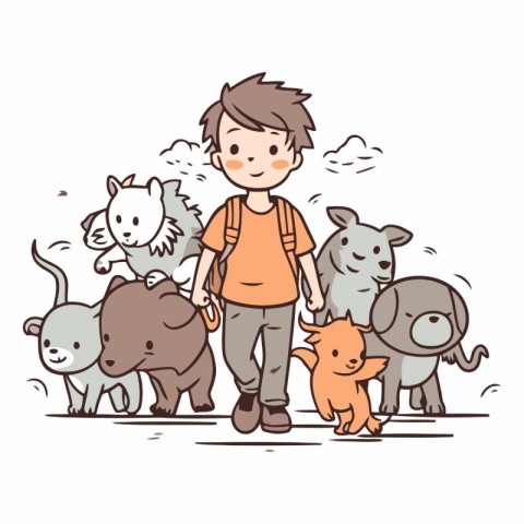 Vector illustration of a boy walking with a group of wild animal