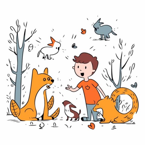 Little boy playing with foxes in the park.