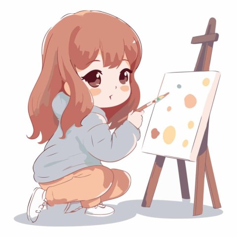 Illustration of a Cute Little Girl Drawing on an Easel