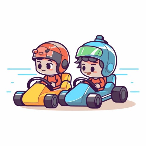 Cartoon kids playing kart race in flat style.