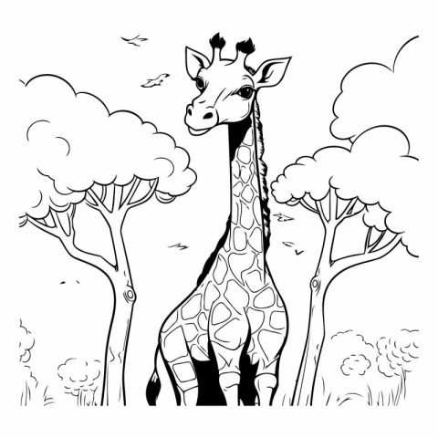 Giraffe in the savannah. black and white vector illustration