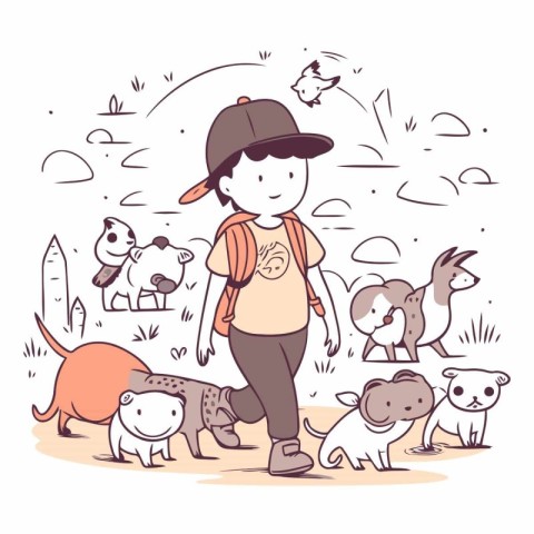 Vector illustration of a girl with a backpack and a group of dog