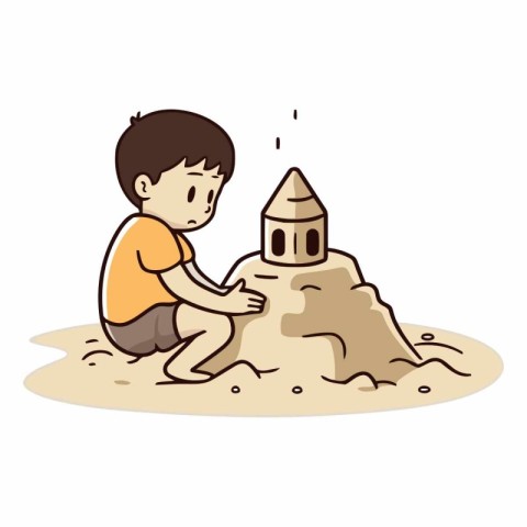 Little boy playing with sand and building a castle.