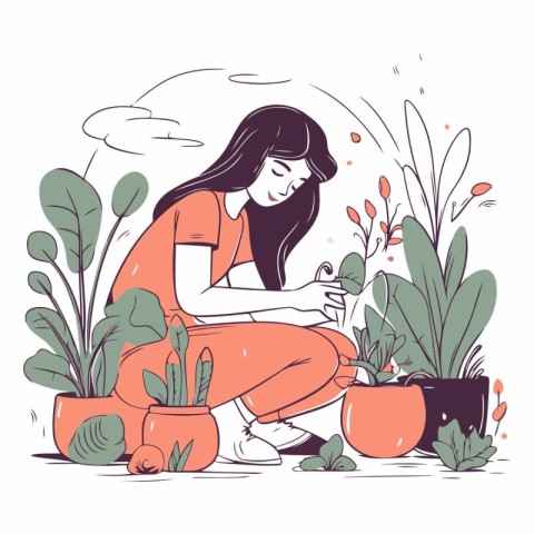 Girl caring for plants. Vector hand drawn illustration in cartoo