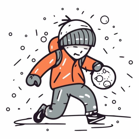 Winter sport. Little boy playing snowballs in doodle style.