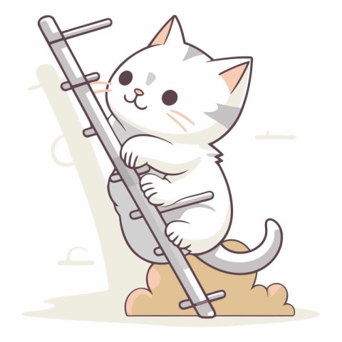 White cat climbing on a ladder. Cute cartoon vector illustration