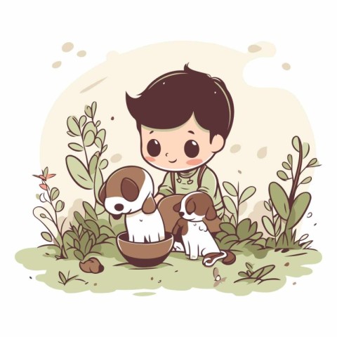 Cute little boy with his dog in the garden.