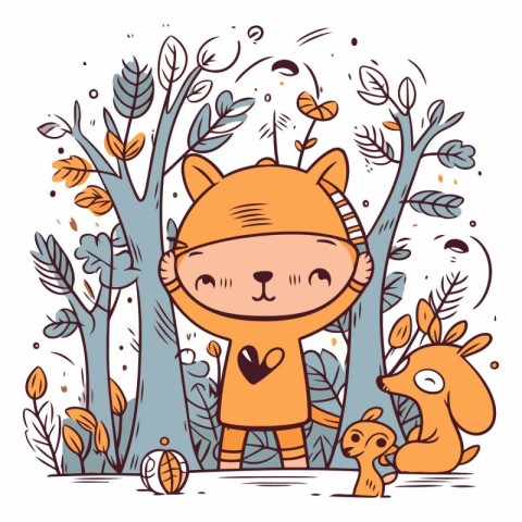 Cute little fox in the forest. Hand drawn vector illustration.