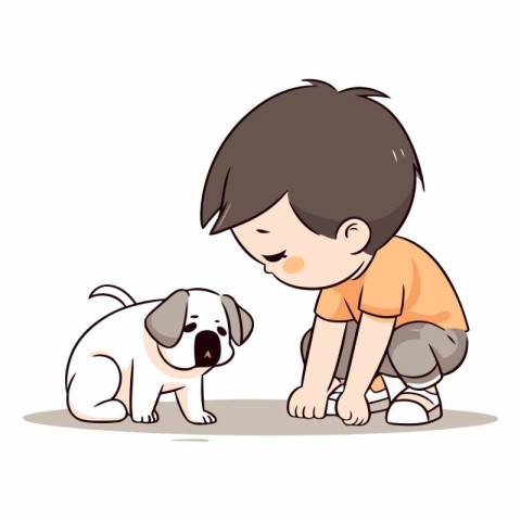 Little boy playing with a dog. Cute cartoon vector illustration.