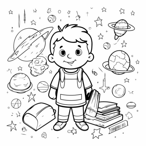 Coloring book for children: boy with a book and space elements