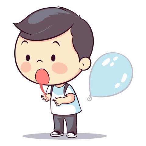 Cute boy holding balloon and blowing bubbles. Vector cartoon ill