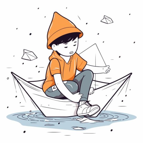 Little boy sitting on a paper boat in the water.