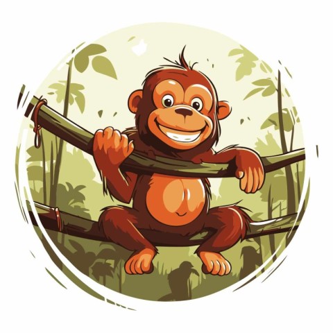 funny cartoon monkey sitting on a tree in the jungle