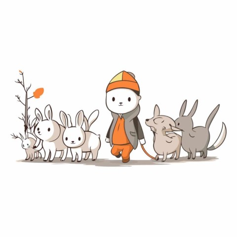 Illustration of a Cute Cartoon Rabbit with a Man in a Orange Uni