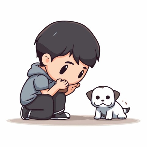 Cute little boy sitting and playing with his dog