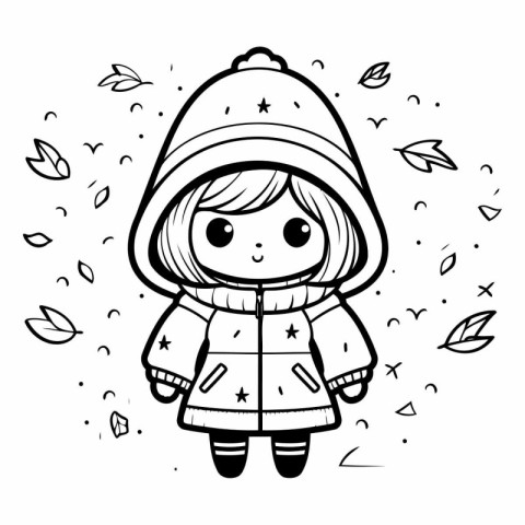 Cute little girl in winter clothes for coloring book.