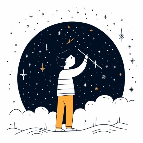 Vector illustration of a boy playing the flute on the night sky.