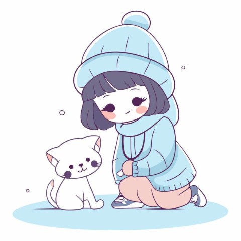 Illustration of a cute girl in winter clothes and a cat.