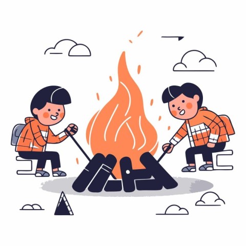 Boy and girl roasting marshmallow on bonfire. flat vector illust