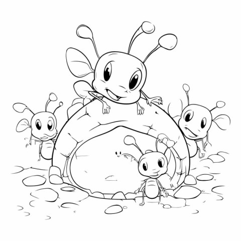 funny ants on the ground. Black and white vector illustration.
