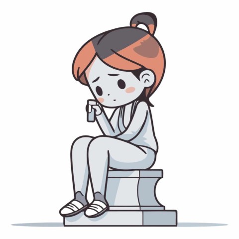 Sad girl sitting on a bench and crying in cartoon style.