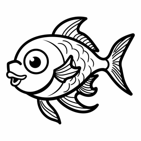 Black and White Cartoon Illustration of Cute Fish Character for