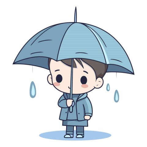 Cute boy wearing raincoat and holding umbrella.