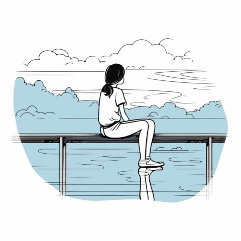 Girl sitting on the pier and looking at the sea.