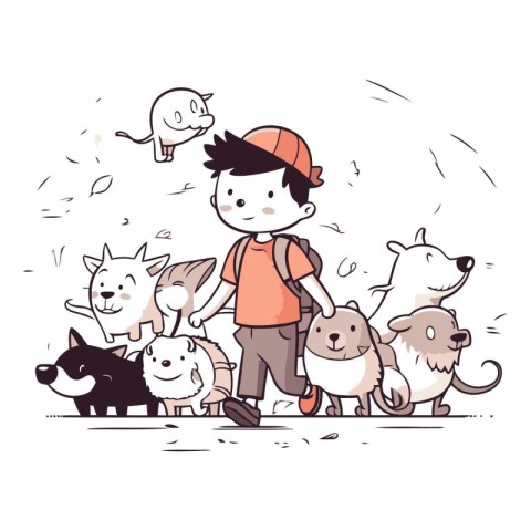 Vector illustration of a boy walking with his friends. dogs and