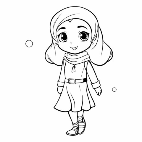 Cute little girl in traditional clothes. Vector outline illustra