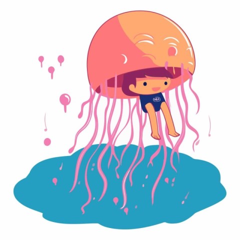 Cute cartoon jellyfish swimming in the sea.