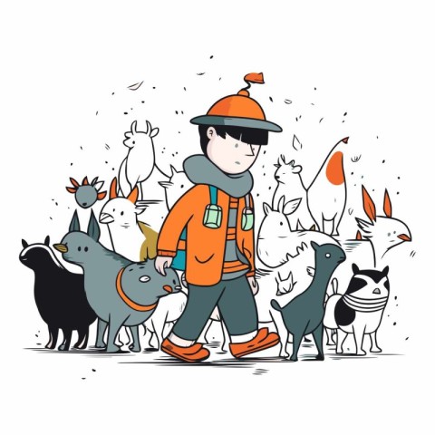 Vector illustration of a boy and a group of farm animals on whit