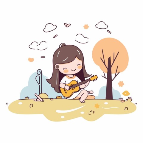 Cute little girl playing guitar in the park.